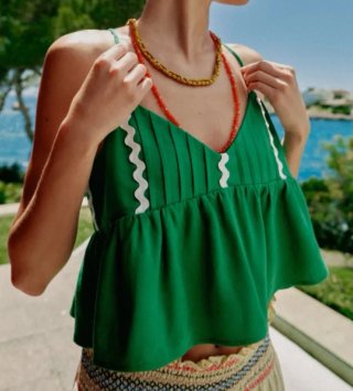 Top Zara tirantes verde/blanco lino