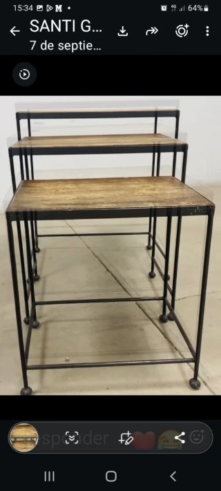 Set di tre tavolini ausiliari in legno e acciaio