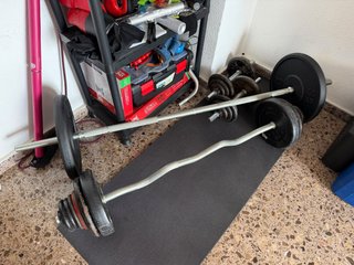 Barra Z, barra recta, mancuernas y discos (92kl)