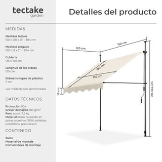 Toldo plegable para balcón con manivela 150x120x211-304 cm, beige