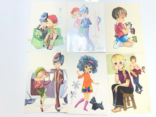 Lote 6 postales vintage ilustradas años 60-70