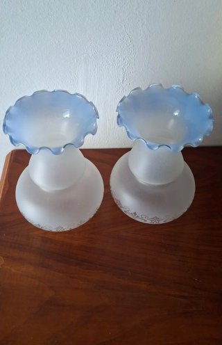 Pareja Tulipas Cristal Borde Azul Vintage