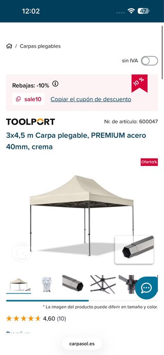 Carpa Plegable TOOLPORT 3x4,5 M Blanca