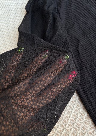 Blusa Mango Negra Manga Abullonada Encaje Talla S