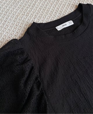 Blusa Mango Negra Manga Abullonada Encaje Talla S