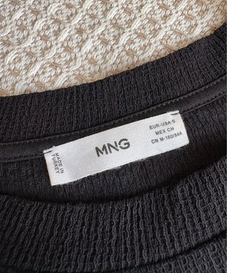 Blusa Mango Negra Manga Abullonada Encaje Talla S