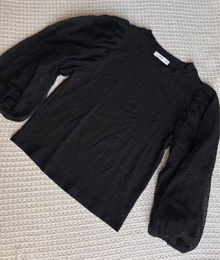 Blusa Mango Negra Manga Abullonada Encaje Talla S
