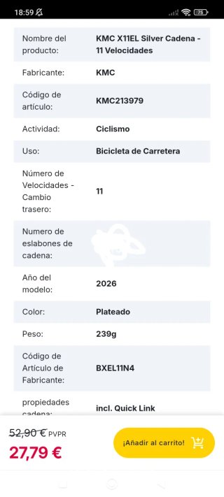 Cadena KMC X11EL 11v 110 eslabones