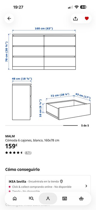 Cómoda MALM 6 cajones blanca 160x78 cm