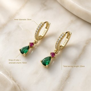 Pendientes aro plata 925 baño oro diópsidoy Rubí