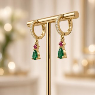 Pendientes aro plata 925 baño oro diópsidoy Rubí