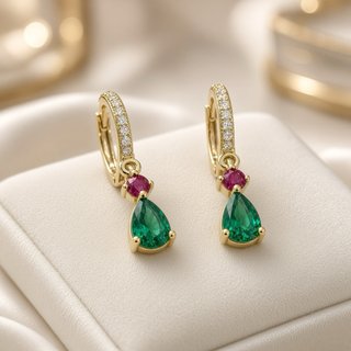 Pendientes aro plata 925 baño oro diópsidoy Rubí