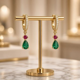 Pendientes aro plata 925 baño oro diópsidoy Rubí