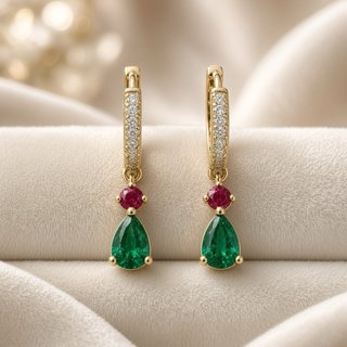 Pendientes aro plata 925 baño oro diópsidoy Rubí