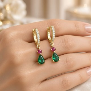 Pendientes aro plata 925 baño oro diópsidoy Rubí