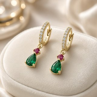 Pendientes aro plata 925 baño oro diópsidoy Rubí