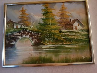 Tres Cuadro paisaje con casa y río