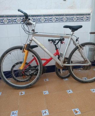 BICICLETA COLOR PLATA CON UNA RUEDA PINCHADA
