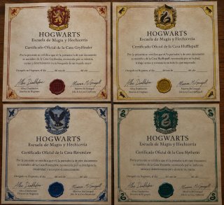 Certificados Hogwarts Harry Potter (4 casas)