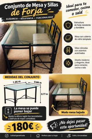 Conjunto Mesa y 4 Sillas Forja Cristal