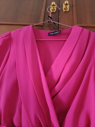 Vestido fiesta largo rosa con labrado dorados