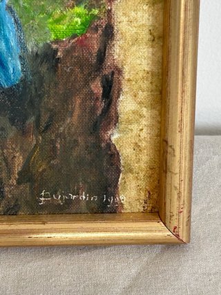 Precioso óleo pájaro azul 1990