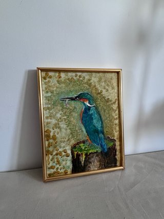 Precioso óleo pájaro azul 1990