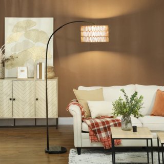 Lampada da terra ad arco in metallo e rattan con base in marmo