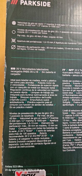 Atornilladora Parkside 20V/2.0Ah Batería