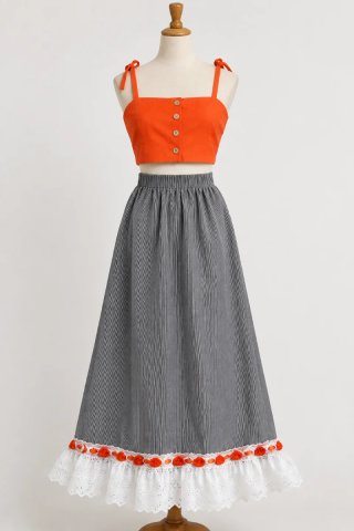 Conjunto Flamenco Top Naranja y Falda Raya