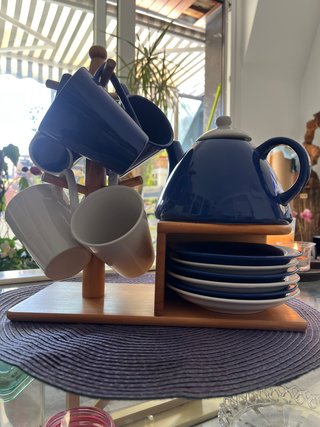 Juego de café azul y blanco