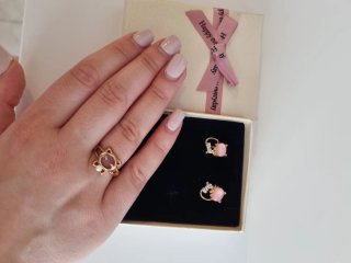 Conjunto Gatito Anillo y Pendientes Dorado Rosa