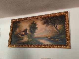 Cuadro antiguo paisaje con casa y río