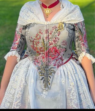 Traje de Fallera Completo Gris y Rosa