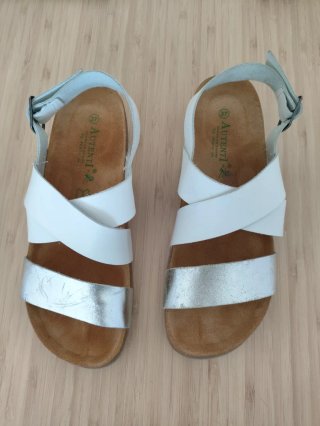 Sandalias Autenti Piel Talla 37 Plata y Blanco