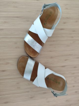 Sandalias Autenti Piel Talla 37 Plata y Blanco