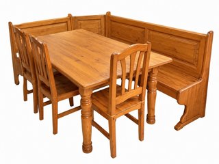 Mesa, 4 sillas y banco de madera