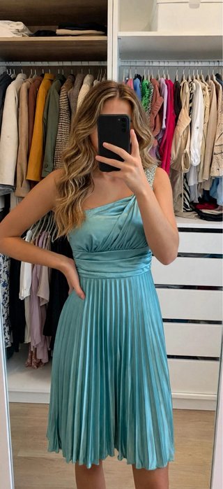 Vestido fiesta un hombro verde azulado