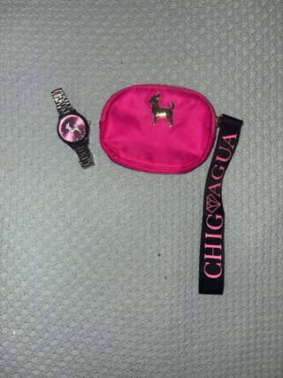 Reloj Chihuahua Plata y Cartera Rosa