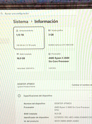 PC Ryzen 5 2600 16GB RAM GTX 1060 Negra
