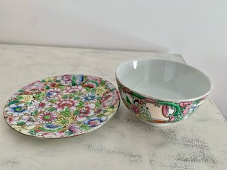 Cuenco y plato porcelana china decorado