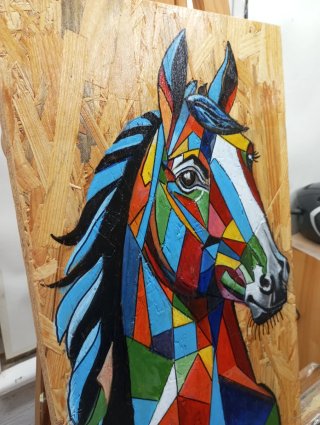 Cuadro caballo geométrico multicolor madera