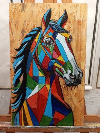 Cuadro caballo geométrico multicolor madera