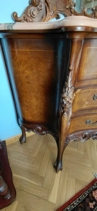 Cómoda y espejo antiguo de madera y mármol