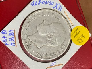 Moneda 5 Pesetas Alfonso XII Plata 1884