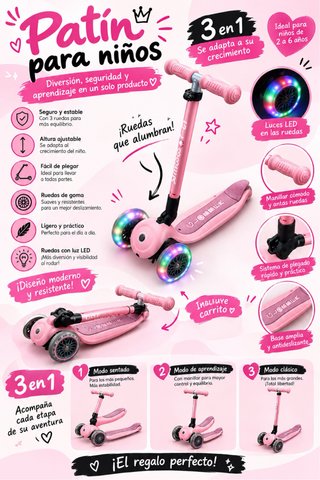 Patinete infantil 3 en 1 luces LED