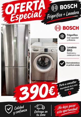 Frigorífico y Lavadora Bosch de 8 kilos en inox