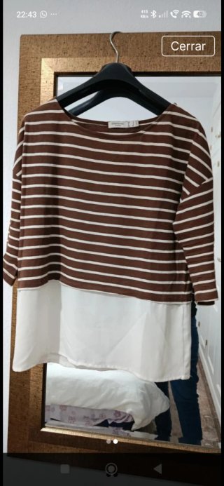 Camiseta Cortefiel Rayas Marrón y Blanca Talla s