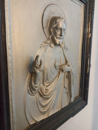Antiguo Cuadro Relieve Sagrado Corazón Jesús.