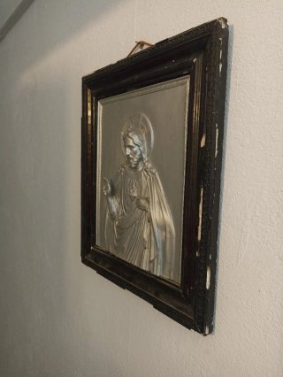 Antiguo Cuadro Relieve Sagrado Corazón Jesús.